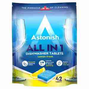 Astonish All in 1 Dishwasher Tablets in a large plastic packet containing 42 tablets