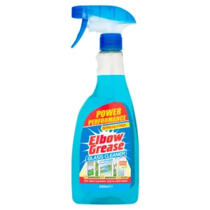 Elbow Grease Glass Cleaner in a clear spray bottle with a blue head