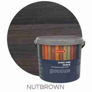 Rich, Dark Brown Shade of a wood stain, example shown in a bubble around paint tub