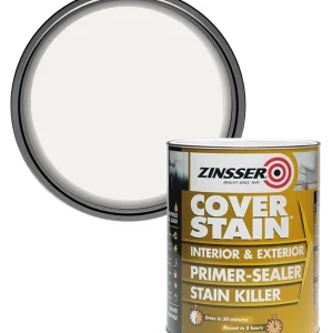 Zinsser Cover stain tin, Yellow with white text on a white background.