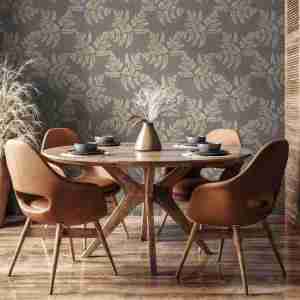 Anaya Fern Charcoal Wallpaper on a feature wall in a dining room