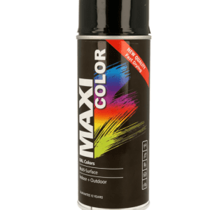 MaxiColor Gloss Jet Black 400ml, a high-quality, fast-drying spray paint designed o a black spray can